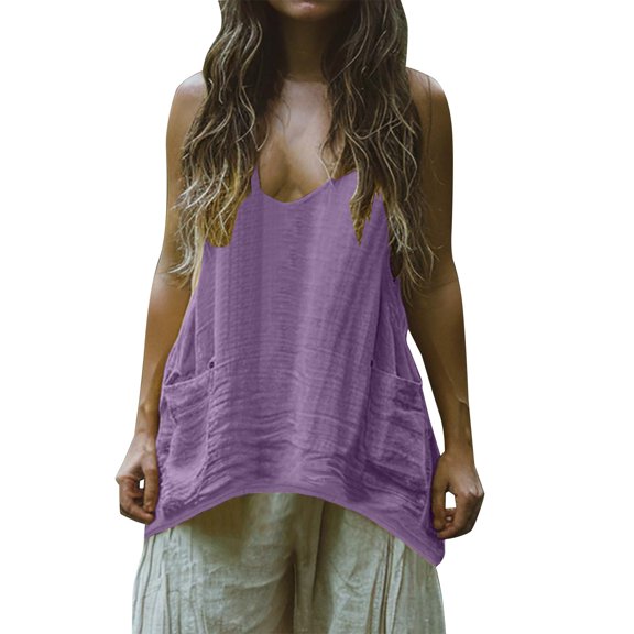 Womens Cotton Linen Tank Tops, Sleeveless Shirts for Women Summer Lightweight Casual Solid Color Crewneck Dressy Blouses with Pockets