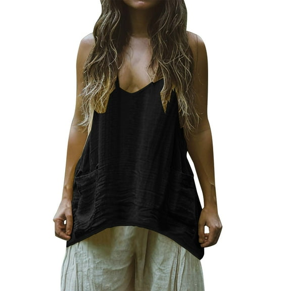 Womens Cotton Linen Tank Tops, Sleeveless Shirts for Women Summer Lightweight Casual Solid Color Crewneck Dressy Blouses with Pockets