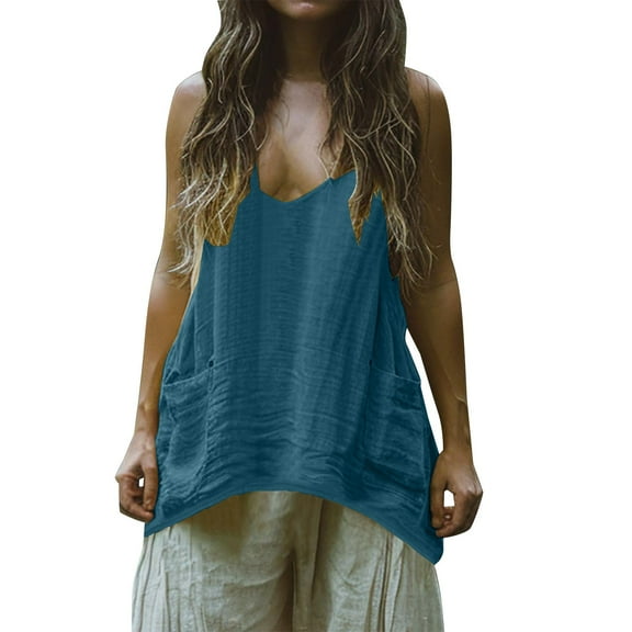 Womens Cotton Linen Tank Tops, Sleeveless Shirts for Women Summer Lightweight Casual Solid Color Crewneck Dressy Blouses with Pockets