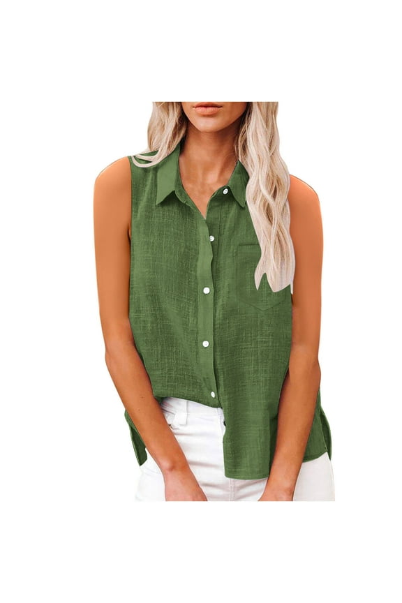 Womens Cotton Linen Tank Tops, Sleeveless Shirts for Women Summer Lightweight Casual Solid Color Lapel Button Down Dressy Blouses with Pockets