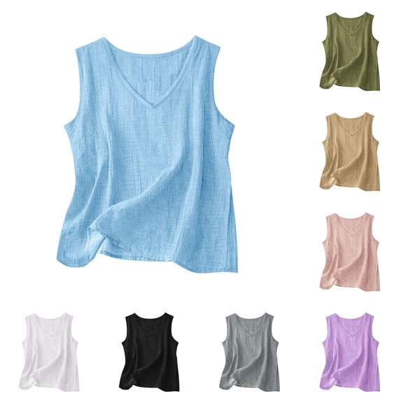 Womens Cotton Linen Tank Tops V Neck Casual Cami Sleeveless Blouses Basic Shirt Summer Clothes Fashion Outfits