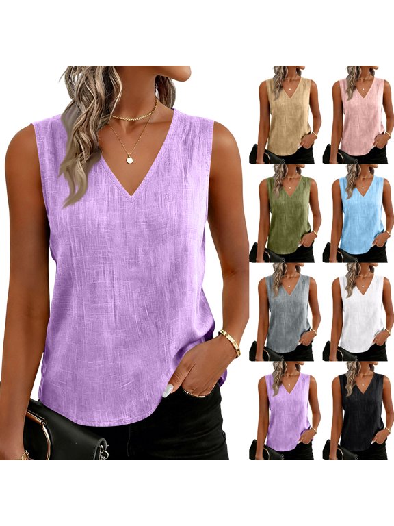 Womens Cotton Linen Tank Tops V Neck Sleeveless Casual Loose Fit Summer Blouses