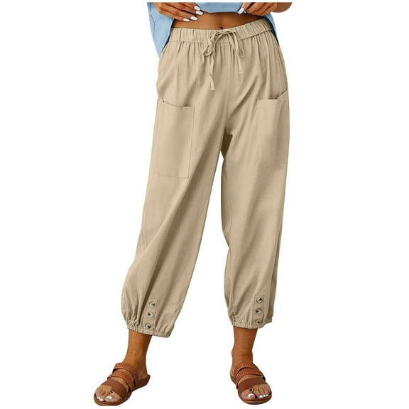 Womens Cotton Linen Tapered Pants Summer Drawstring Elastic Waist Pants Casual Cropped Trousers with Pockets