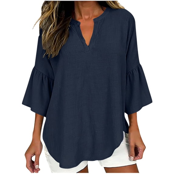 Womens Cotton Linen Tops 3/4 Length Ruffled Bell Sleeve Flowy Tees V Neck Casual Summer Spring Plain T-shirts (L, Navy)