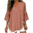 thumbnail image 1 of Womens Cotton Linen Tops 3/4 Length Ruffled Bell Sleeve Flowy Tees V Neck Casual Summer Spring Plain T-shirts (M, Watermelon Red), 1 of 6