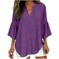 thumbnail image 1 of Womens Cotton Linen Tops 3/4 Length Ruffled Bell Sleeve Flowy Tees V Neck Casual Summer Spring Plain T-shirts (XL, Purple), 1 of 6