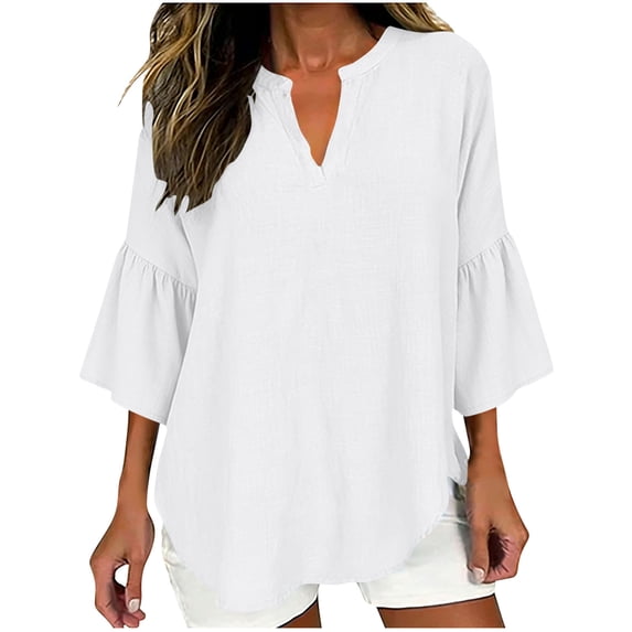 Womens Cotton Linen Tops 3/4 Length Ruffled Bell Sleeve Flowy Tees V Neck Casual Summer Spring Plain T-shirts (XL, White)