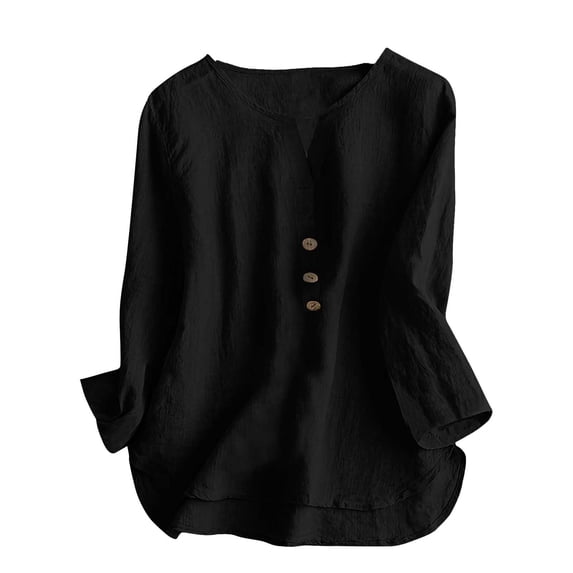 Womens Cotton Linen Tops, 3/4 Sleeve Blouses for Women Summer Dressy Casual Solid Color Button Up V Neck T Shirts