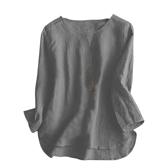 Womens Cotton Linen Tops, 3/4 Sleeve Blouses for Women Summer Dressy Casual Solid Color Button Up V Neck T Shirts