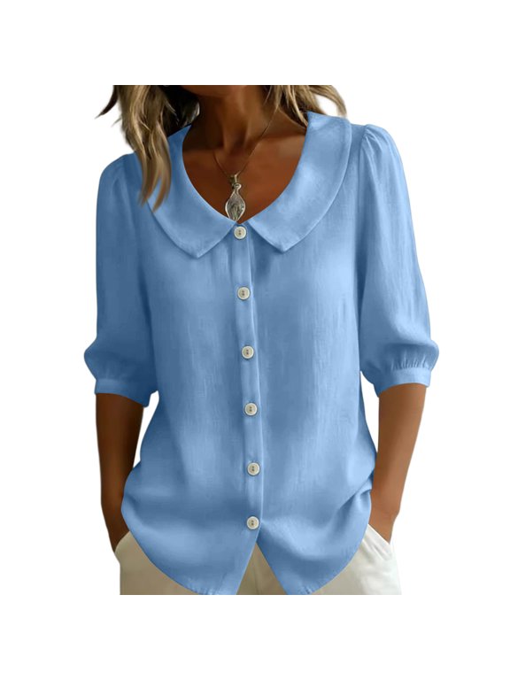 Womens Cotton Linen Tops 3/4 Sleeve Crew Neck Puff Cuff Button Down Casual Shirt, M