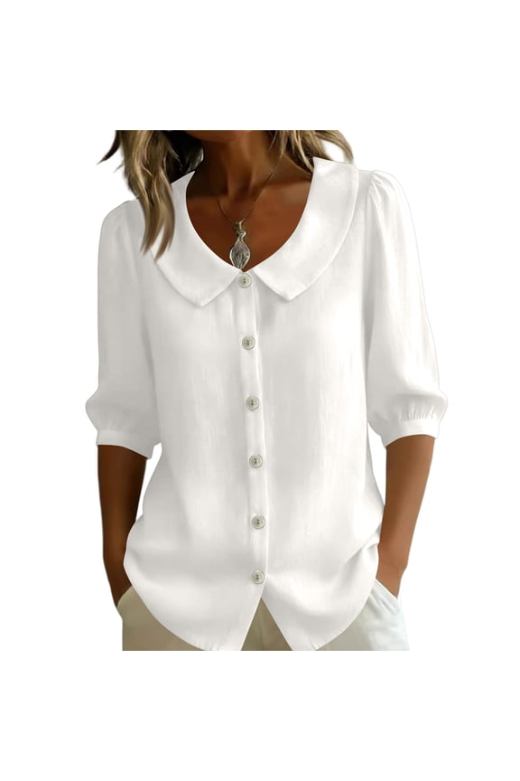 Womens Cotton Linen Tops 3/4 Sleeve Crew Neck Puff Cuff Button Down Casual Shirt, M
