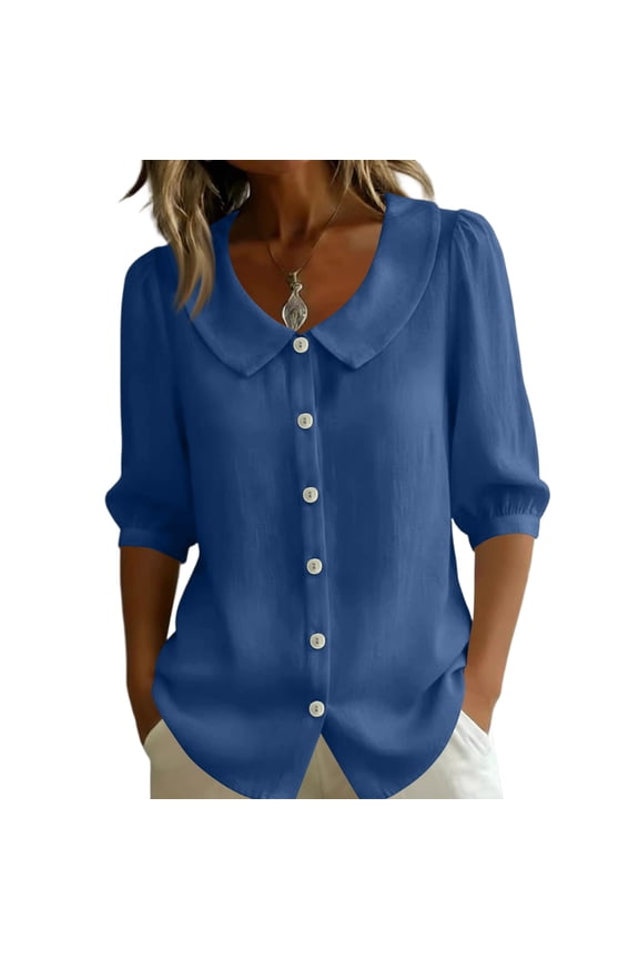 Womens Cotton Linen Tops 3/4 Sleeve Crew Neck Puff Cuff Button Down Casual Shirt, M