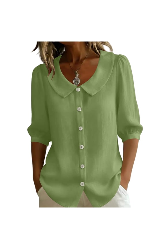 Womens Cotton Linen Tops 3/4 Sleeve Crew Neck Puff Cuff Button Down Casual Shirt, M