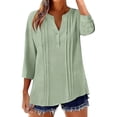 thumbnail image 1 of Womens Cotton Linen Tops, 3/4 Sleeve Shirts for Women Casual Lightweight Solid Color Pleated Notch V Neck Dressy Blouses with Buttons, 1 of 5