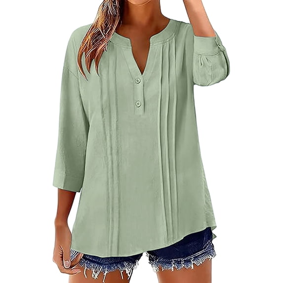 Womens Cotton Linen Tops, 3/4 Sleeve Shirts for Women Casual Lightweight Solid Color Pleated Notch V Neck Dressy Blouses with Buttons