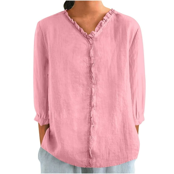 Womens Cotton Linen Tops, 3/4 Sleeve Shirts for Women Lightweight Casual Loose Fit Solid Color Ruffle V Neck Dressy Blouses