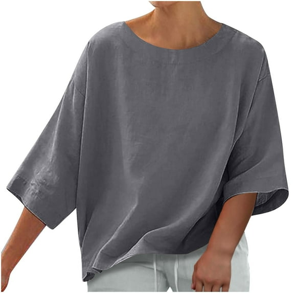 Womens Cotton Linen Tops, 3/4 Sleeve Shirts for Women Summer Casual Loose Fit Solid Color Crewneck Dressy Blouses