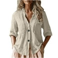 thumbnail image 1 of Womens Cotton Linen Tops, 3/4 Sleeve Shirts for Women Summer Fall Fashion Solid Color Lapel Button Down Dressy Blouses, 1 of 5