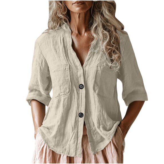 Womens Cotton Linen Tops, 3/4 Sleeve Shirts for Women Summer Fall Fashion Solid Color Lapel Button Down Dressy Blouses