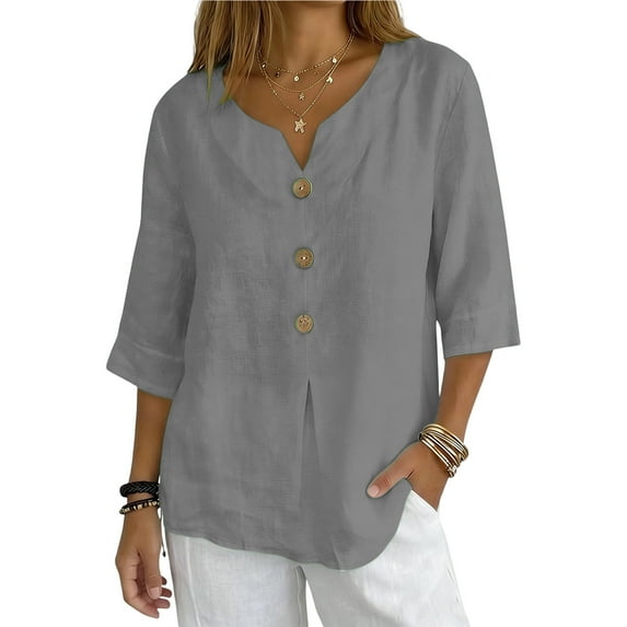 Womens Cotton Linen Tops 3/4 Sleeve V Neck Button Down Henley Shirts for Women Casual Loose Summer Vacation Beach Blouse