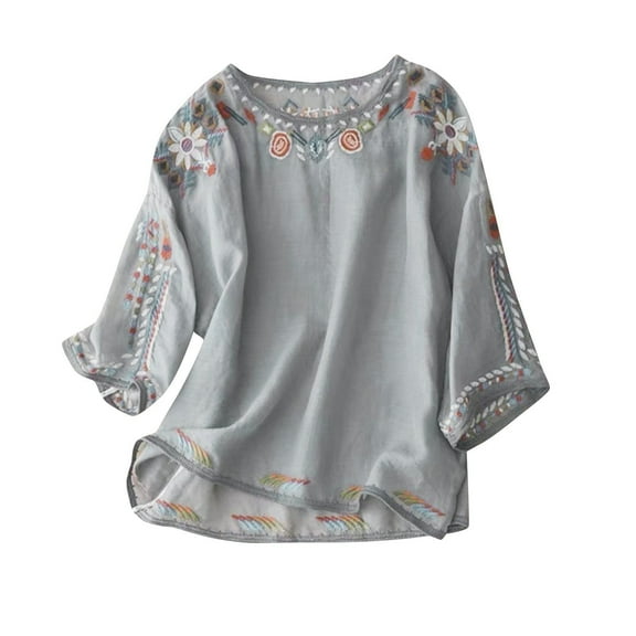 Womens Cotton Linen Tops Butterfly Sleeve Blouses for Women Dressy Casual Short Sleeve Shirts Gray L