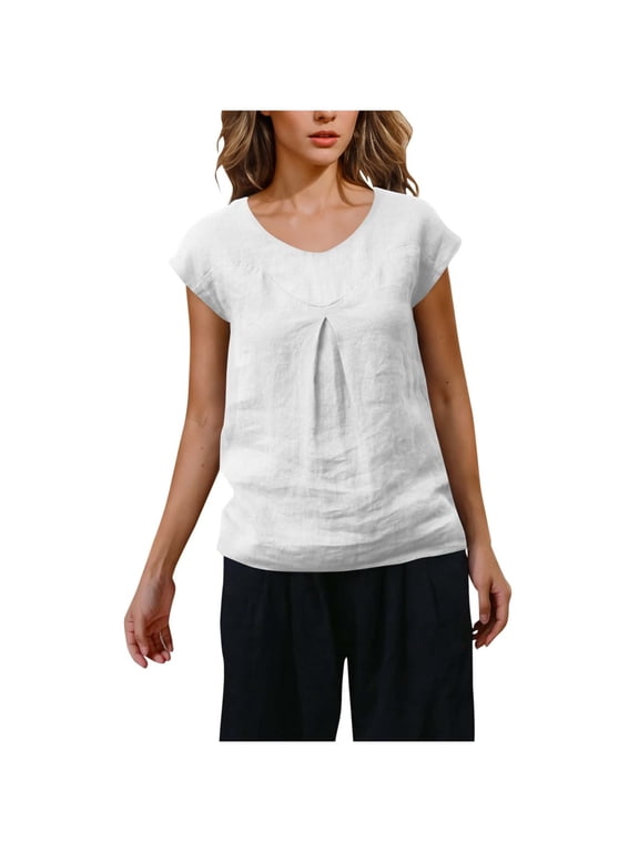 Womens Cotton Linen Tops, Cap Sleeve Shirts for Women Casual Loose Fit Ruched Solid Color Crewneck Dressy Blouses