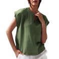 thumbnail image 1 of Womens Cotton Linen Tops, Cap Sleeve Shirts for Women Casual Loose Fit Solid Color Notch V Neck Dressy Blouses, 1 of 5