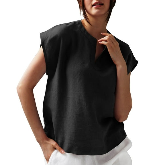Womens Cotton Linen Tops, Cap Sleeve Shirts for Women Casual Loose Fit Solid Color Notch V Neck Dressy Blouses