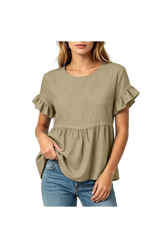 Womens Cotton Linen Tops Casual Ruffled Cap Sleeve Shirts Crew Neck Ruffle Hem Blouse Pleated Loose Fit Summer Tee, 2026 New Limited-time Off