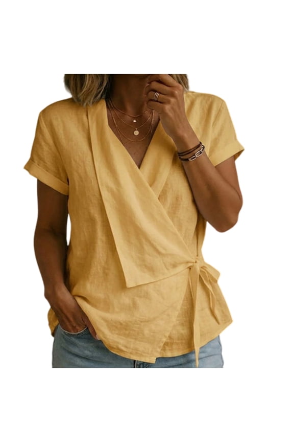 Womens Cotton Linen Tops Casual Short Sleeve Wrap V Neck Shirts 2026 Summer Loose Lightweight Gauze Tunic Tops (S,Yellow)