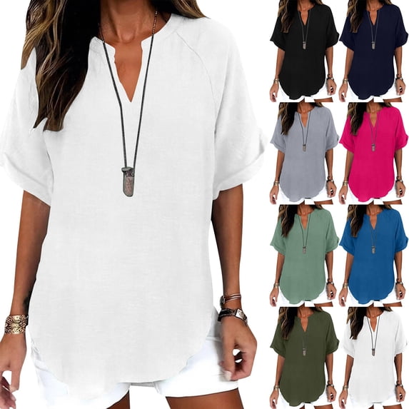 Womens Cotton Linen Tops Casual V Neck Blouse Loose Fit Short Sleeve Shirt Lightweight Summer Beach Vacation Clothes by Gbobgt Green L