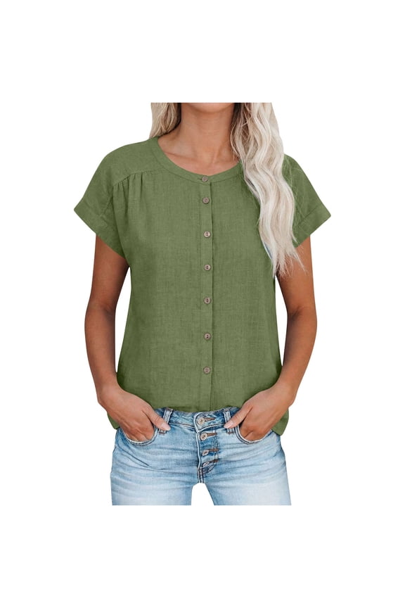 Womens Cotton Linen Tops Crew Neck Button Up Shirts Pleated Front Solid Color Casual Summer Travel Blouses (2XL, Army Green)