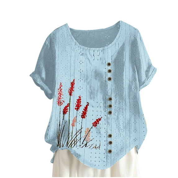 Womens Cotton Linen Tops Crewneck Short Sleeve Shirts Trendy Eyelet Fashion Print Casual Loose Fitted Blouse