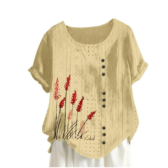 Womens Cotton Linen Tops Crewneck Short Sleeve Shirts Trendy Eyelet Fashion Print Casual Loose Fitted Blouse