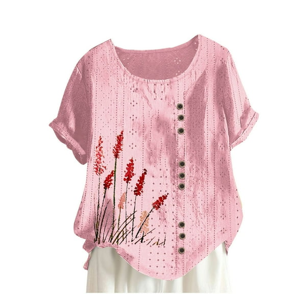 Womens Cotton Linen Tops Crewneck Short Sleeve Shirts Trendy Eyelet Fashion Print Casual Loose Fitted Blouse