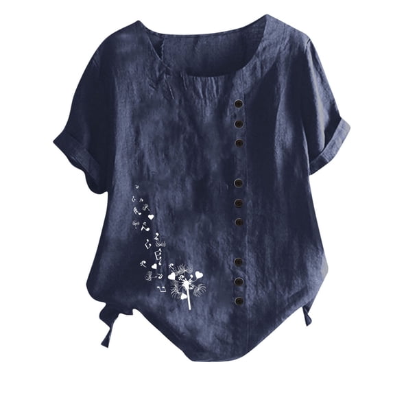 Womens Cotton Linen Tops Dandelion Print Lightweight Causal Blouses Loose 2024 Summer Crewneck Short Sleeve T-Shirts