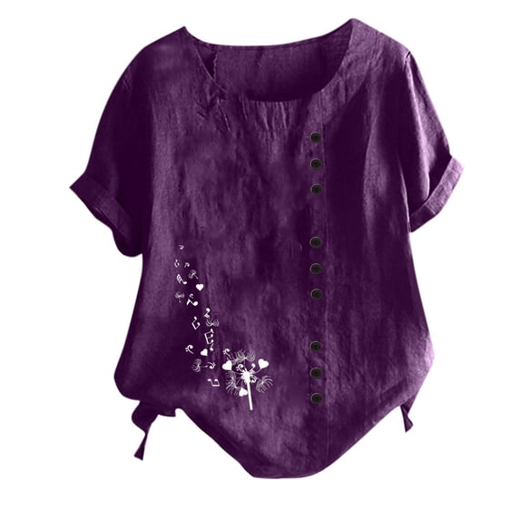Womens Cotton Linen Tops Dandelion Print Lightweight Causal Blouses Loose 2024 Summer Crewneck Short Sleeve T-Shirts