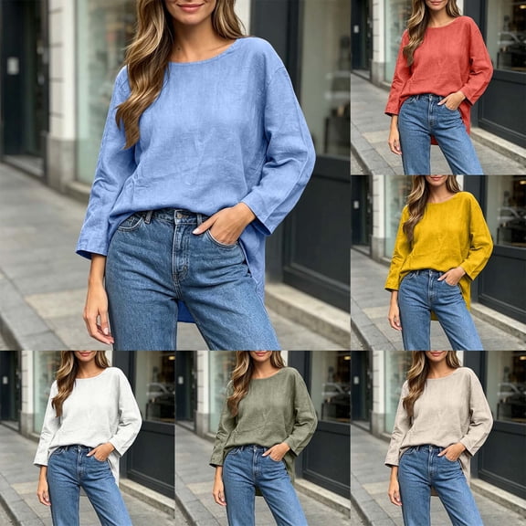 Womens Cotton Linen Tops Plus Size Long Sleeve Shirts Crew Neck Loose Casual Lightweight Fall Tops for Women S-3XL