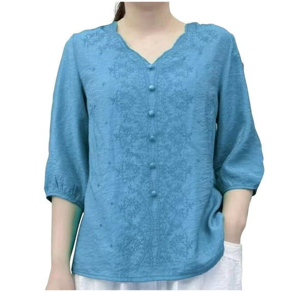 Womens Cotton Linen Tops, Short Sleeve Shirts for Women Plus Size Casual Loose Fit Solid Color V Neck Dressy Blouses