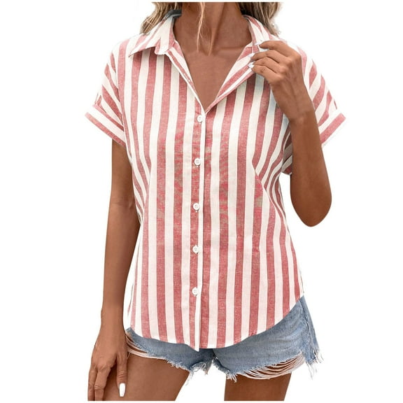 Womens Cotton Linen Tops, Short Sleeve Shirts for Women Summer Lightweight Casual Striped Printed Lapel Button Down Dressy Blouses