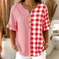 thumbnail image 1 of Womens Cotton Linen Tops Summer Elbow Length Sleeve Tshirts for Women Striped Plaid Printed Ruffled Button V Neck Top, 1 of 6