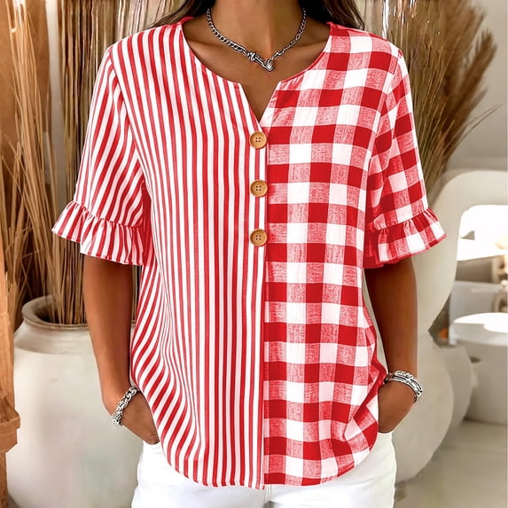 Womens Cotton Linen Tops Summer Elbow Length Sleeve Tshirts for Women Striped Plaid Printed Ruffled Button V Neck Top