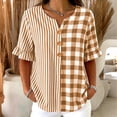 thumbnail image 1 of Womens Cotton Linen Tops Summer Elbow Length Sleeve Tshirts for Women Striped Plaid Printed Ruffled Button V Neck Top, 1 of 6