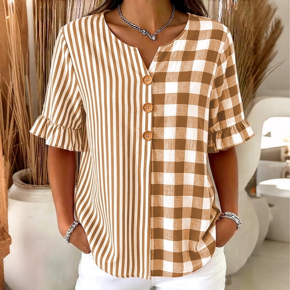Womens Cotton Linen Tops Summer Elbow Length Sleeve Tshirts for Women Striped Plaid Printed Ruffled Button V Neck Top