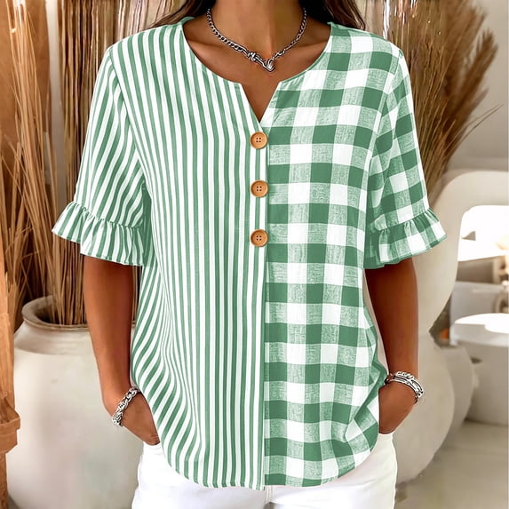 Womens Cotton Linen Tops Summer Elbow Length Sleeve Tshirts for Women Striped Plaid Printed Ruffled Button V Neck Top