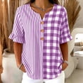 thumbnail image 1 of Womens Cotton Linen Tops Summer Elbow Length Sleeve Tshirts for Women Striped Plaid Printed Ruffled Button V Neck Top, 1 of 6