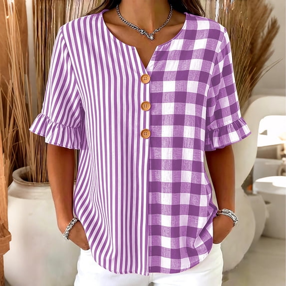 Womens Cotton Linen Tops Summer Elbow Length Sleeve Tshirts for Women Striped Plaid Printed Ruffled Button V Neck Top