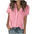 thumbnail image 1 of Womens Cotton Linen Tops V Neck Button Down Short Sleeve Tee Plain Causal Blouses Loose Fit Daily Work Outfits Summer Trendy Basic T-Shirt, 1 of 6