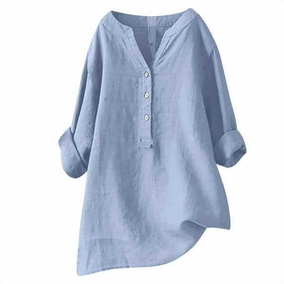 Womens Cotton Linen Tops V-Neck Half Sleeve Solid Casual Button down Shirts Comfy Loose Fit Flowy Tunic Tops Lightweight Summer Blouse