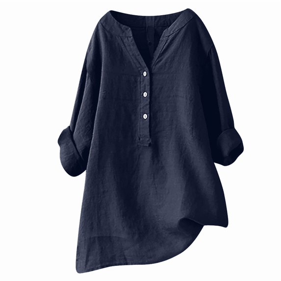 Womens Cotton Linen Tops V-Neck Half Sleeve Solid Casual Button down Shirts Comfy Loose Fit Flowy Tunic Tops Lightweight Summer Blouse